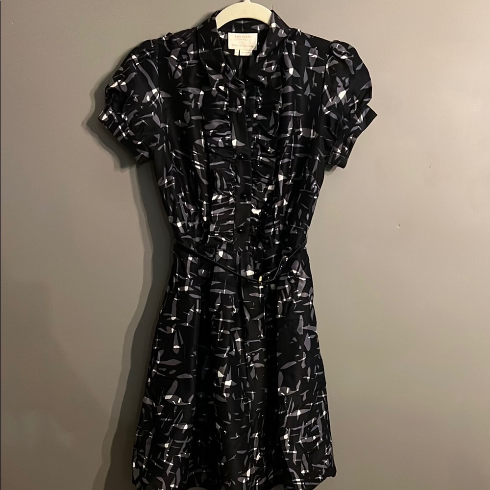 Kate Spade Nelli Black and White Midi Dress with Puff Sleeves and Belt